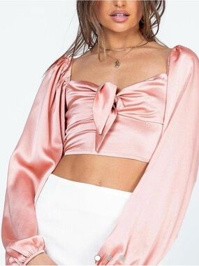 Satin Pink Tie-Front Crop Top with Bishop Sleeves
